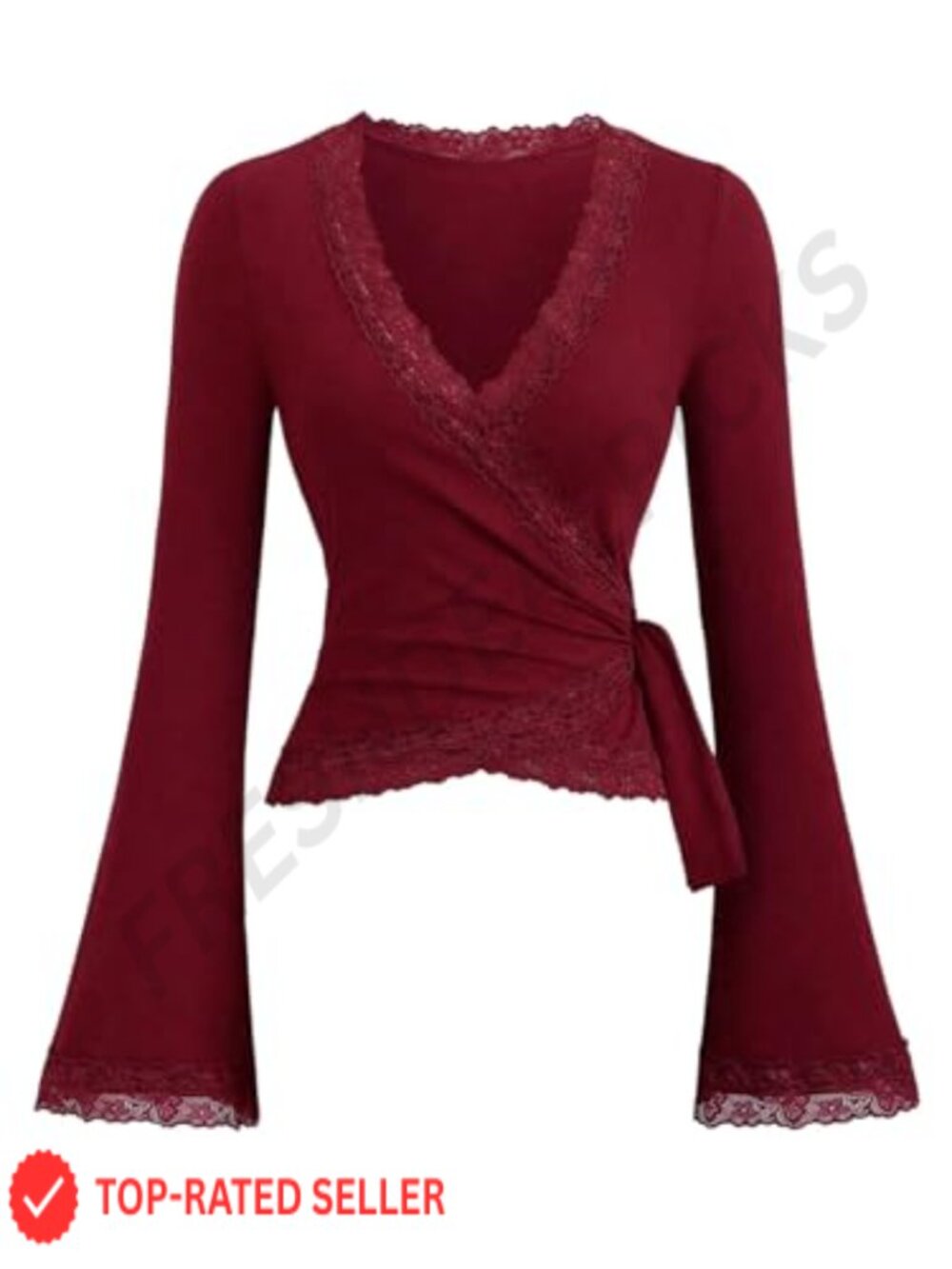 Lace Wrap Blouse Long Sleeve V-Neck Slim Fit Workout Top